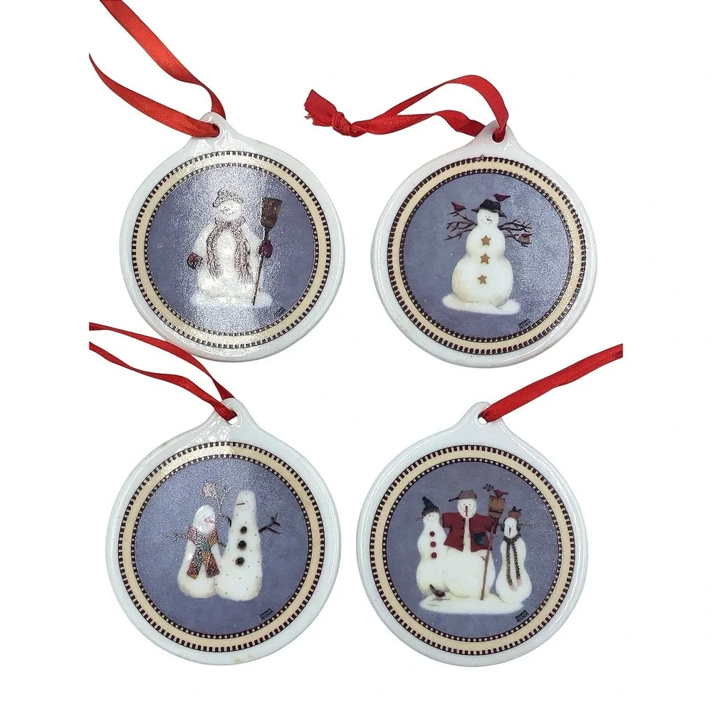 Vtg Debbie Mumm Sakura Snowman Set Of 4 Ceramic Christmas Ornaments NIB‎